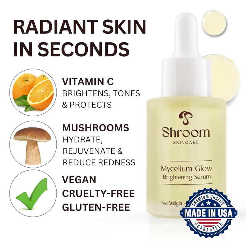 Mycelium Glow Mushroom Brightening Vitamin C Face Serum Facial Moisturizer - All Skin Types Vegan Serums for Skin Care Anti Aging Cruelty-Free Hydrating Serum for Face Dark Spots 30ml