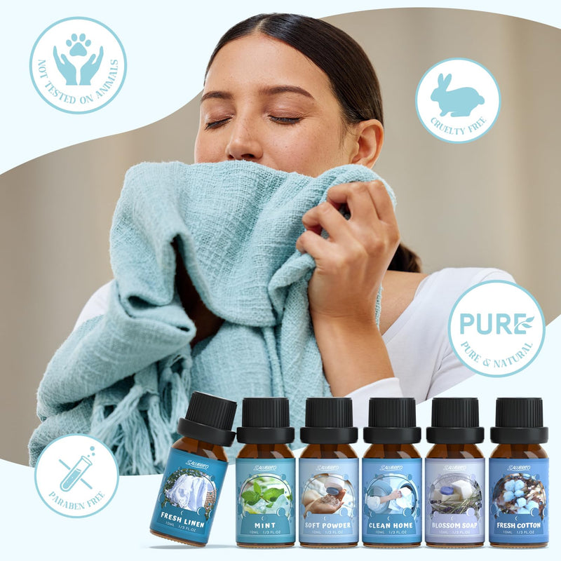 [Australia] - SALUBRITO Clean Fragrance Oils Set, Premium Essential Oils Set for Diffuser, Candle, Soap Making, Fresh Cotton, Clean Home, Fresh Linen, Soft Powder, Blossom Soap, Mint, Strong Scented Oils 