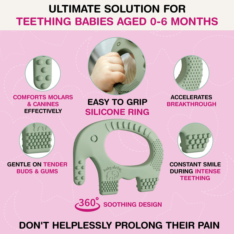 [Australia] - Teething Toys for Babies Age 0 to 6 Months - Baby Elefun 5X Pain Relief Smart Teether - Zero Developmental Delay Silicone Baby Teething Toy Ring - Cute Infant Shower Gift Chew Toy for Babies 0-6 –úonths 0-6 Olive 