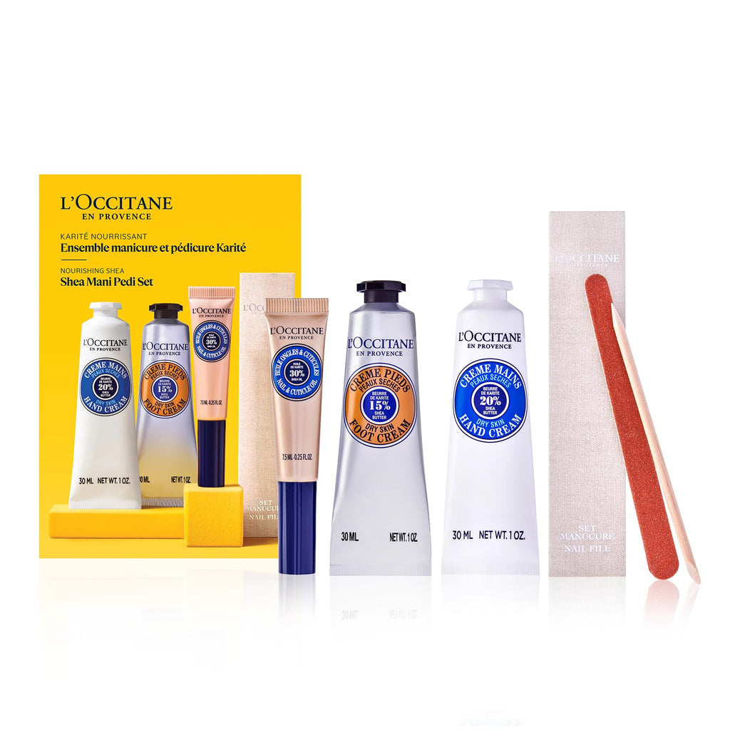 L'OCCITANE Shea Mani Pedi Set: Soften, Moisturize and Comfort Skin, Set Includes Shea Butter Hand Cream, Foot Cream, Nail & Cuticle Oil, Gift Set New