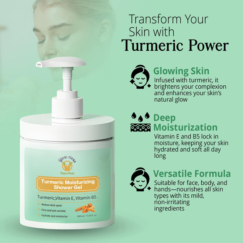 glow-rious Turmeric Body Wash with Vitamin E & B5 - Moisturizing Shower Gel for Smooth Skin - Daily Gentle Cleanser for Face, Hands & Body - 500ml