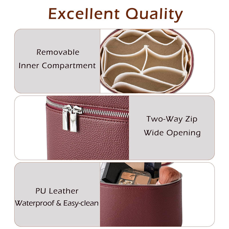 RSRSLEII Aesthetic Makeup Bag, Travel Makeup Vanity Case with Divider and Handle, Waterproof PU Leather Cosmetic Organizer Bag, Portable Toiletry Bag for Women(06Burgundy) 06Burgundy
