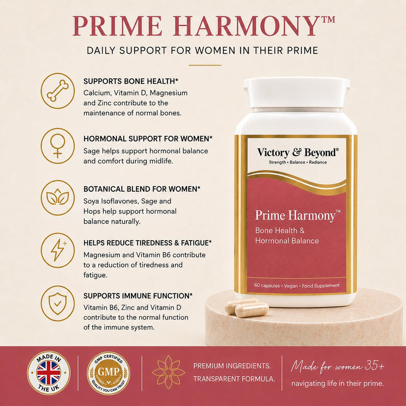 Victory & Beyond Prime Harmony – Bone Health & Women’s Wellness Support -Made in the UK – Calcium, Magnesium, Vitamin D & B6 with Sage & Soya Isoflavones Menopause Wellness Support - 60 Vegan Capsules