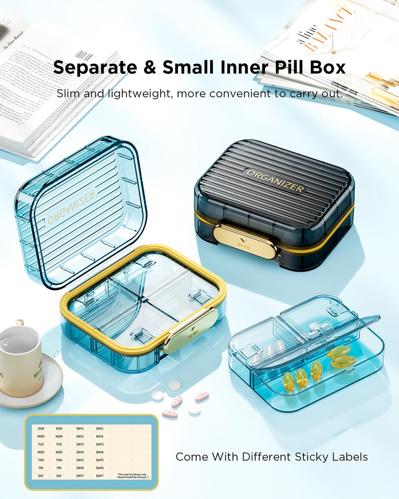 Acedada Travel Pill Case, Small Pill Box for Purse, Black | Portable Daily Pill Container, Compact Moistureproof 7 Compartments Pill Organizer, Medicine Holder for Vitamins Fish Oils