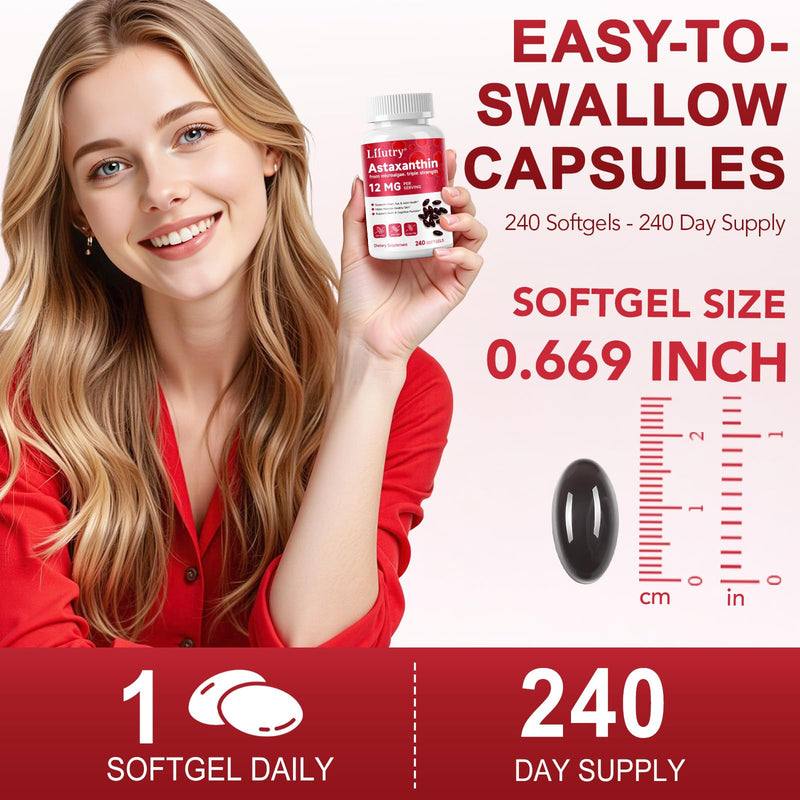 Astaxanthin Supplements, 240pcs Astaxanthin High Strength, Astaxanthin 12mg, Supports Eye, Skin, Joint, Brain, Heart & Immune System Health, Non-GMO & No Gluten