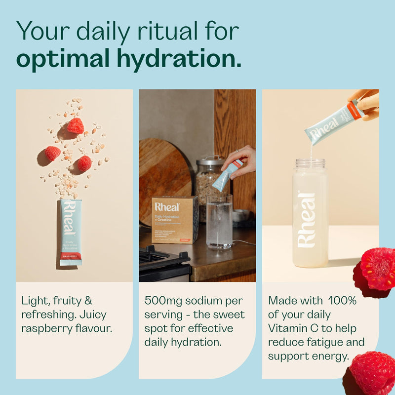 Rheal Hydration + Creatine Sachets, 28 Day Pack, Ready to Mix, Sugar Free Electrolytes & Vitamins, Daily Hydration, Energy, Focus, Performance & Recovery – Raspberry 28 Pack
