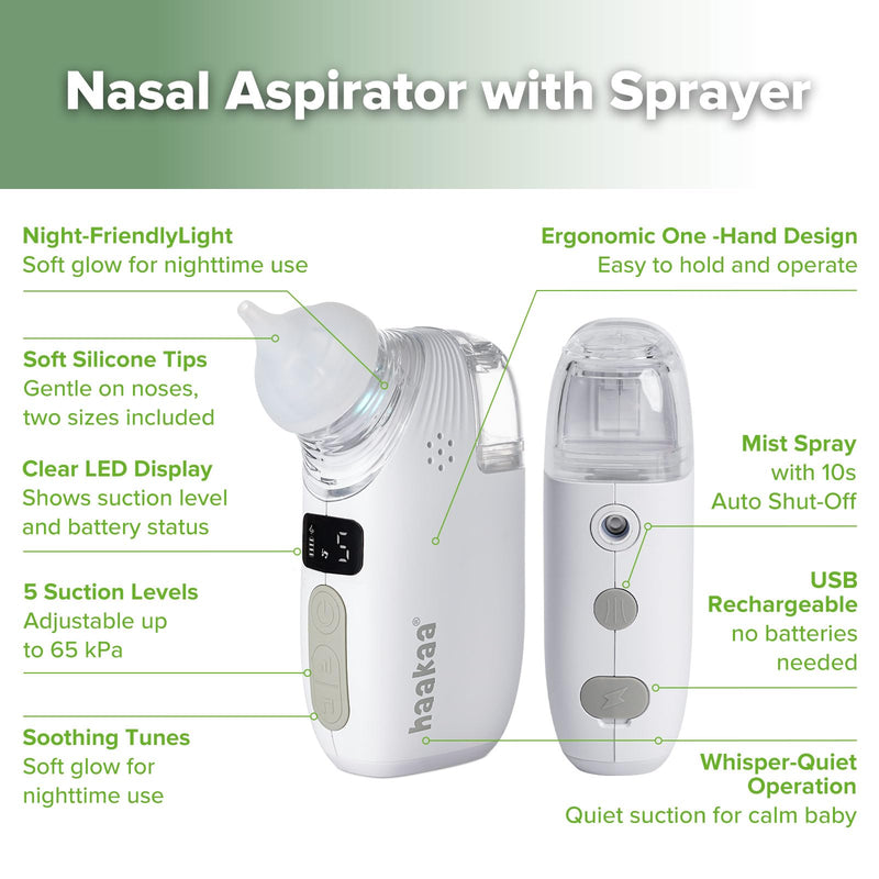 [Australia] - Haakaa Nasal Aspirator for Baby, 2-in-1 Electric Baby Nasal Aspirator with Sprayer ‚Äì Baby Nose Sucker, Nose Sucker for Baby ‚Äì 5 Adjustable Suction Levels up to 65kPa, Quiet, Music & Lights 