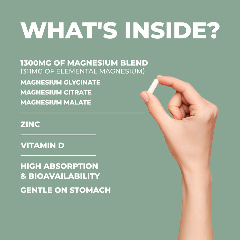 Magnesium Glycinate with Zinc & Vitamin D3 | 4 in 1 Complex | 1300mg Magnesium Supplements (Bisglycinate, Citrate & Malate) | 90 Vegan, Gluten-Free Capsules | High-Strength & Absorption