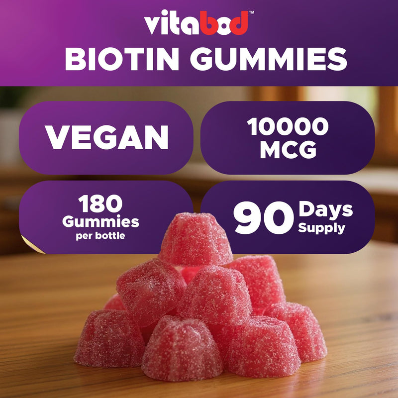 Vitabod Biotin Gummies 10,000 mcg – 180 Vegan Gummies Hair, Skin & Nails Support for Women, Men & Kids – Non-GMO, Gluten-Free, Delicious Flavor