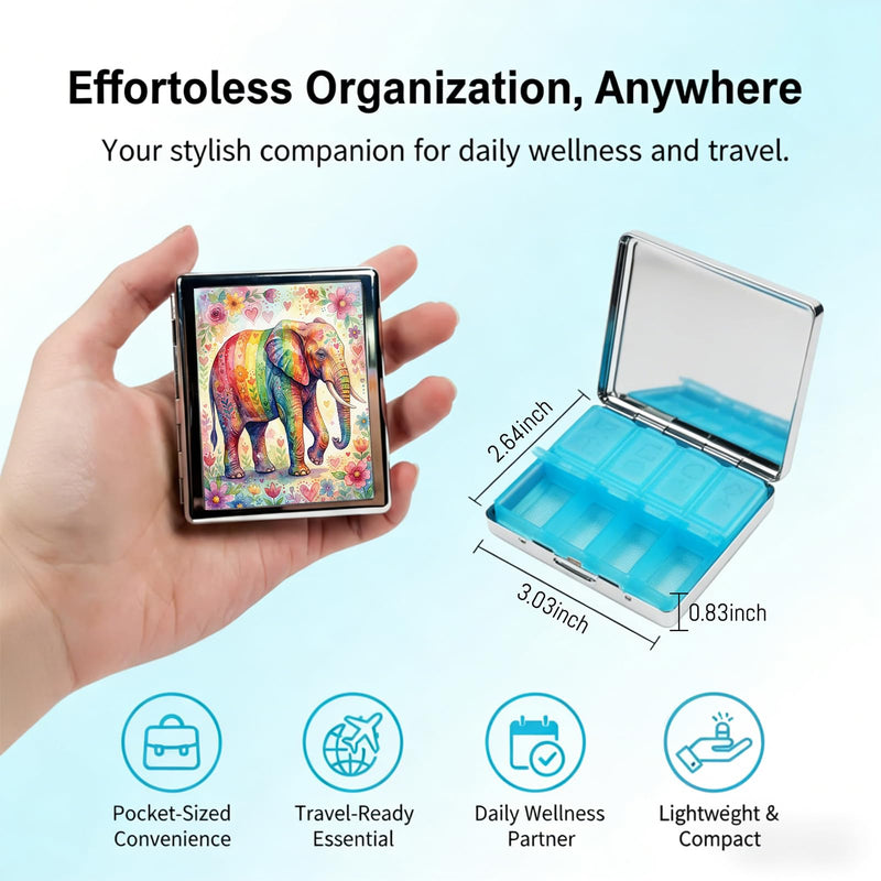 Weekly Pill Organizer, Metal Pill Box with 8 Compartments, Small Travel Pill Case for Purse Pocket, Medicine Vitamin Supplement Organizer (Rainbow Elephant) Rainbow Elephant