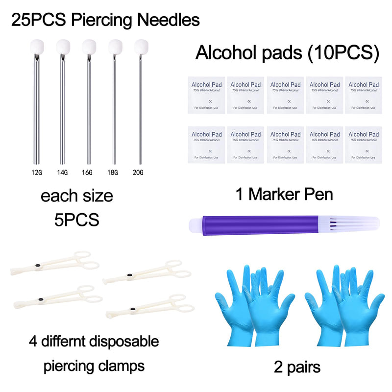 JIESIBAO 42pcs Body Piercing Kit Piercing Needles Clamps Kit for Ear Nose Septum Belly Button Tongue Nipple Eyebrow Lip Piercing 12G 14G 16G 18G 20G Needles with 4 Disposable Piercing Clamps Forceps