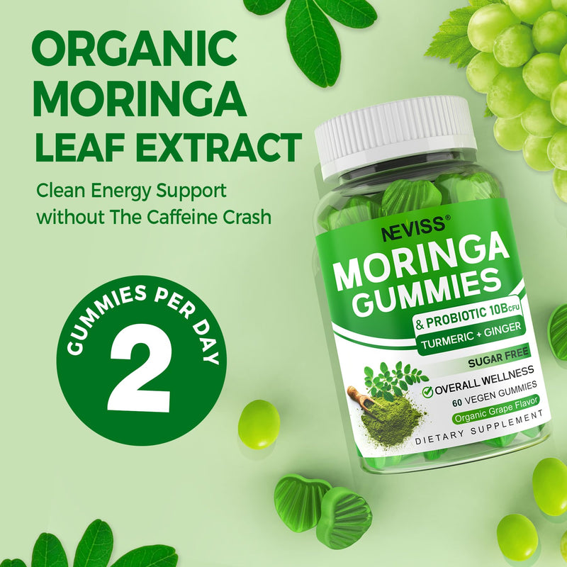 Moringa Gummies for Women Men w/Probiotic Turmeric Ginger Ceylon Cinnamon | Organic Moringa Powder Capsules Alternatives, Pure Moringa Leaves Green Superfood Supplement - Vegan, Sugar Free, 120ct