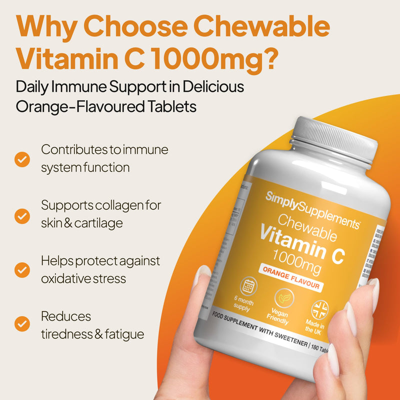 Chewable Vitamin C 1000mg with Riboflavin (Vitamin B2) | Immune & Skin Support | 180 Vegan Tablets | 6-Months Supply | Vegan & Vegetarian Friendly | UK Made