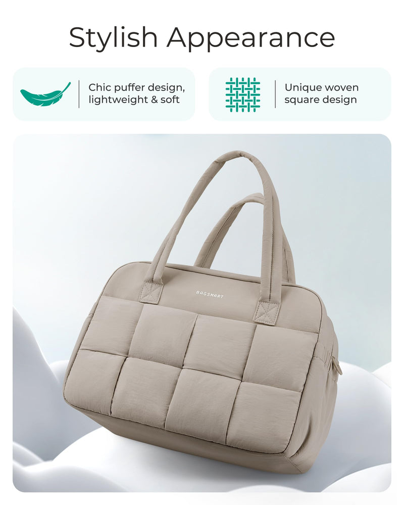 BAGSMART Gym Bag for Women, Personal Item Puffer Duffle Bag, Weekender Overnight Carry On Tote Handag for Travel Camel