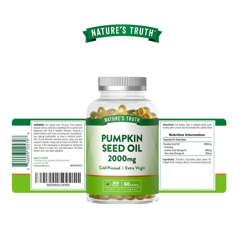 Pumpkin Seed Oil 2000mg | Vegan High Strength Pumpkin Seed Capsules | Omega 6 and 9 Fatty Acids | 60 Softgels | Cold-Pressed & Extra Virgin | Nature's Truth