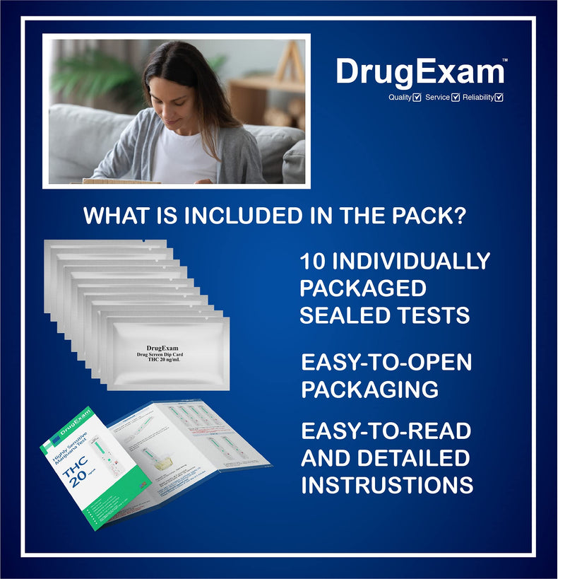 10 Pack - DrugExam Highly Sensitive Marijuana THC 20 ng/mL Single Panel Drug Test Kit - Marijuana Drug Test with 20 ng/mL Cutoff Level for Detecting Any Form of THC in Urine up to 45 Days (10)