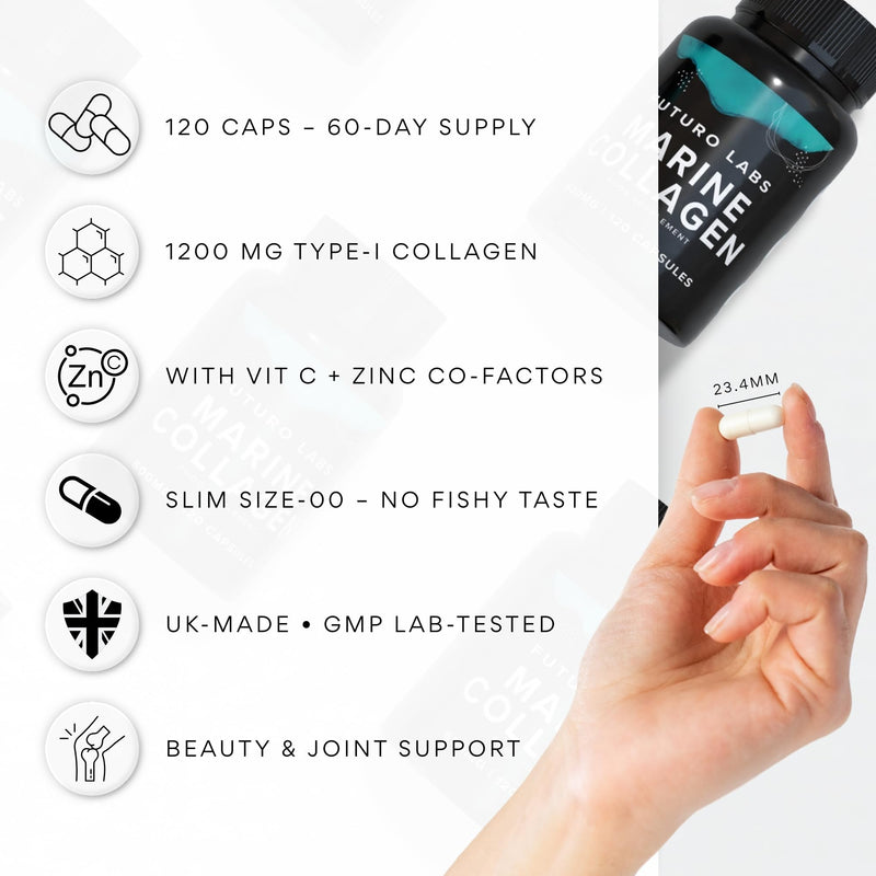 Marine Collagen Capsules 1200mg Serving with VIT C (12mg) and Zinc (1.5mg) - Made in the UK - Type 1 Hydrolysed Marine Collagen Supplements for Women & Men - 100% Pure, Premium Type 1-60 Day Supply