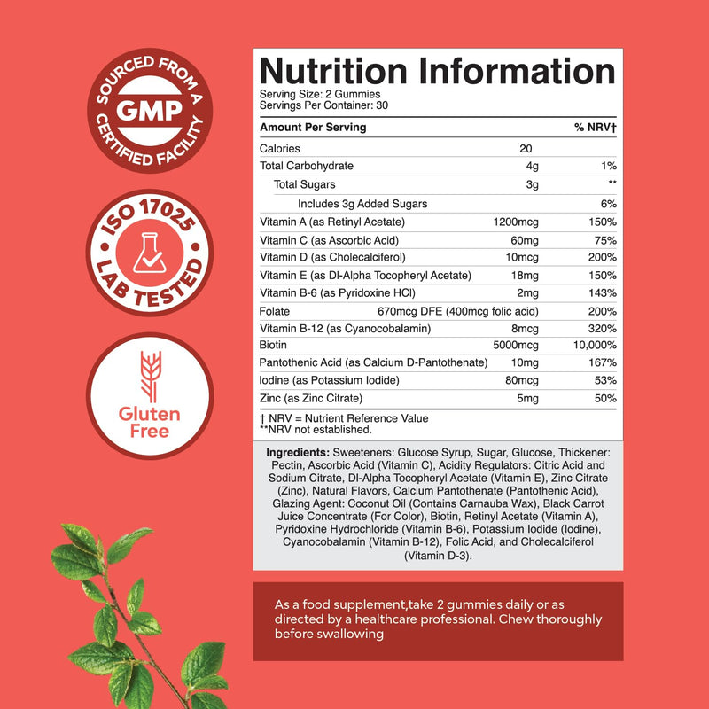 Natural Biotin Hair Growth Gummies - High Potency Biotin Vitamins Hair Skin and Nails Vitamins B, A, C & D for Women & Men - Pantothenic Acid for Better Absorption - 60 Count