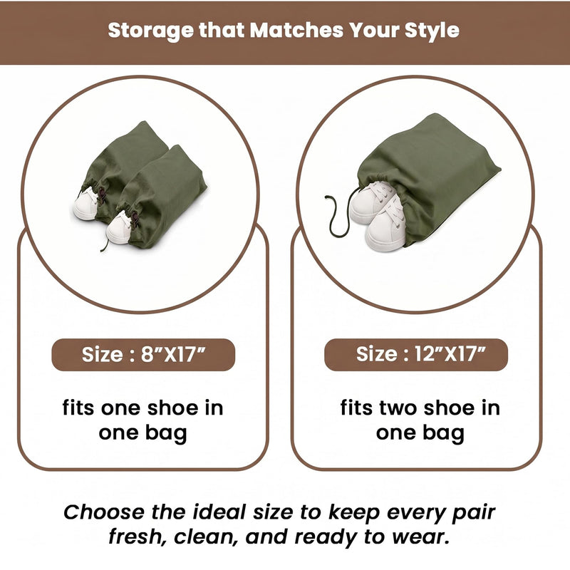LFH Cotton Shoe Storage Bags with Drawstring, Breathable Dustproof Reusable Shoe Organizer for Travel, Gym, Dorm, Hotel, Machine Washable Easy Carry 8"x17" (Pack of 6), Military Green 8"x17" (Pack of 6)