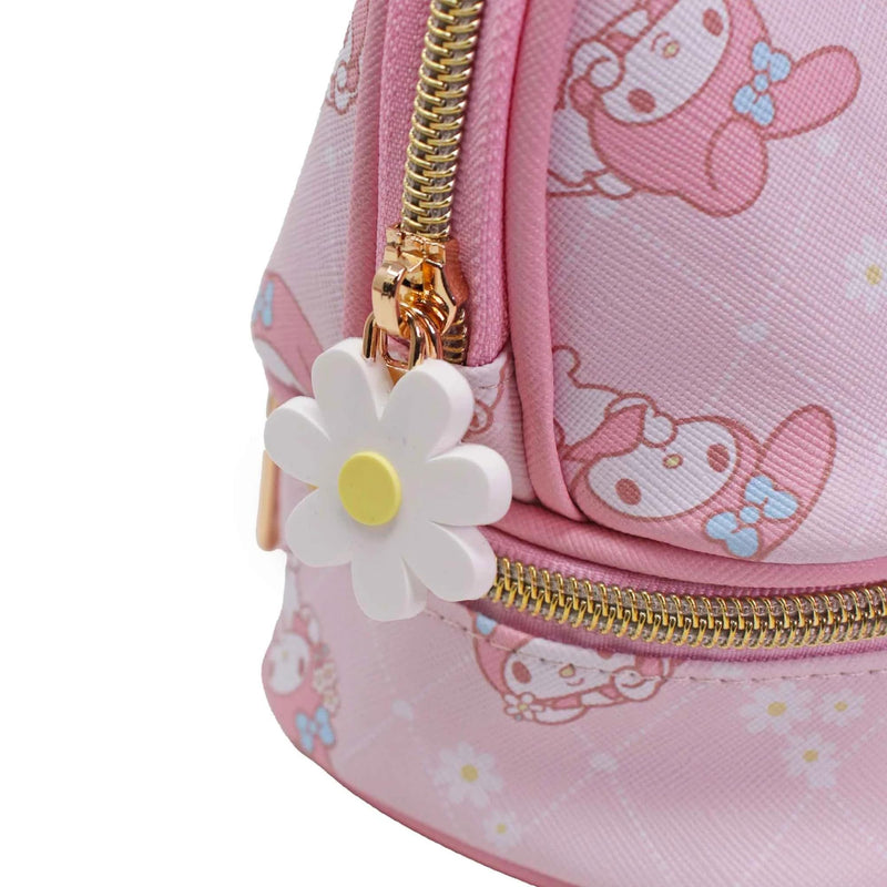 Impressions Vanity My Melody Double Layer Makeup Bag with Top and Bottom Zippered Compartments, My Melody Print Artwork Makeup Organizer with Faux Saffiano Leather, Inner Slip Pocket and Gold Hardware