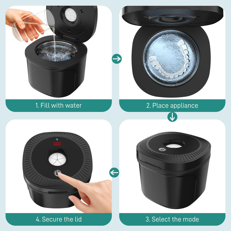 [Australia] - Ultrasonic Retainer Cleaner, Dental Cleaning Pod with U-V Lights, 45kHz Retainer Cleaner Machine for Dentures, Toothbrush Heads, Jewelry, Aligner, Night Mouth Guards (Black) Black 