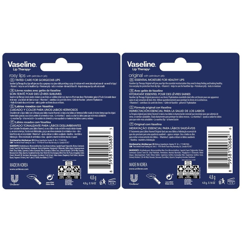 Vaseline Lip Therapy Variety 4-Pack – Original + Rosy Lips Moisturizing Lip Balm with Vitamin E, 0.16 Oz Ea