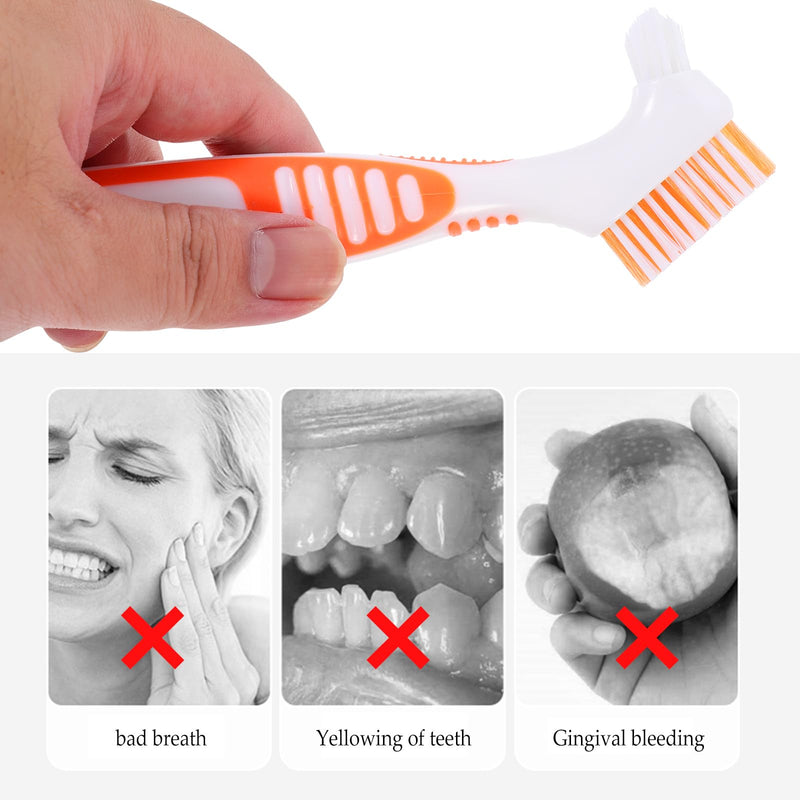 Healifty Toothbrush Cleaning Tools 4-Piece Double-Sided Denture Brush Set Multi-Layered Bristles for Effective Fake Teeth and Oral Care 6.5X1.6 Inches Orange