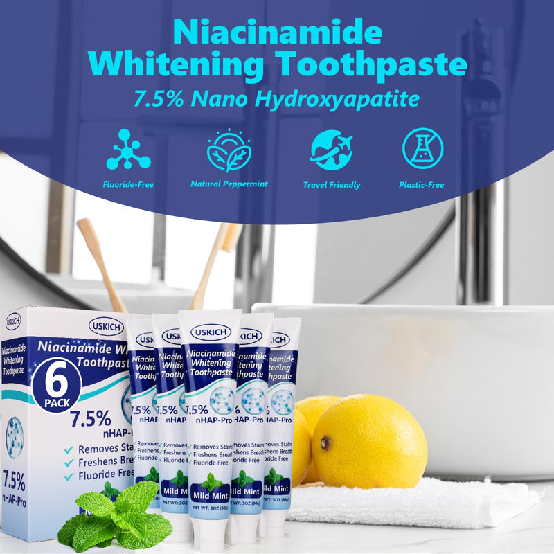 [Australia] - 7.5% Nano Hydroxyapatite Toothpaste,6 Pack Fresh Breath Whitening Toothpaste for Remineralizing Enamel & Sensitive Relief,Antiplaque,Natural Peppermint,Fluoride-Free 3 Ounce (Pack of 6) 