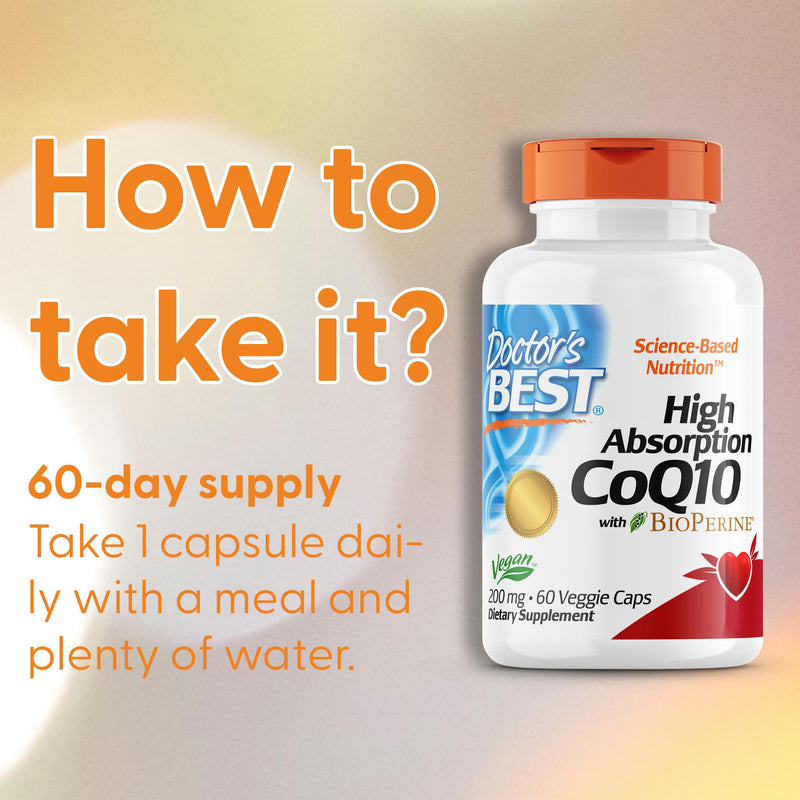 Doctor's Best, High Absorption CoQ10 with BioPerine, 200mg, 60 Vegan Capsules, Gluten Free, SOYA Free, Vegetarian 60 Capsules
