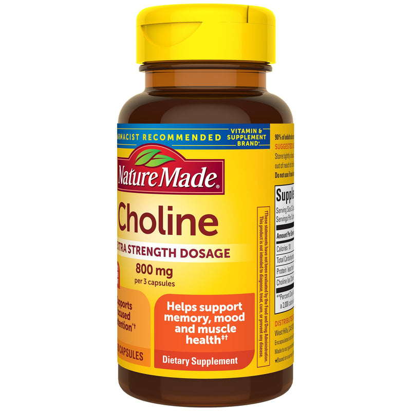 [Australia] - Nature Made Extra Strength Dosage Choline Supplements 800 Mg Per 3 Capsules, Brain Health, Mood, Muscle & Liver Support, Vegetarian, 60 Capsules, 20 Day Supply 