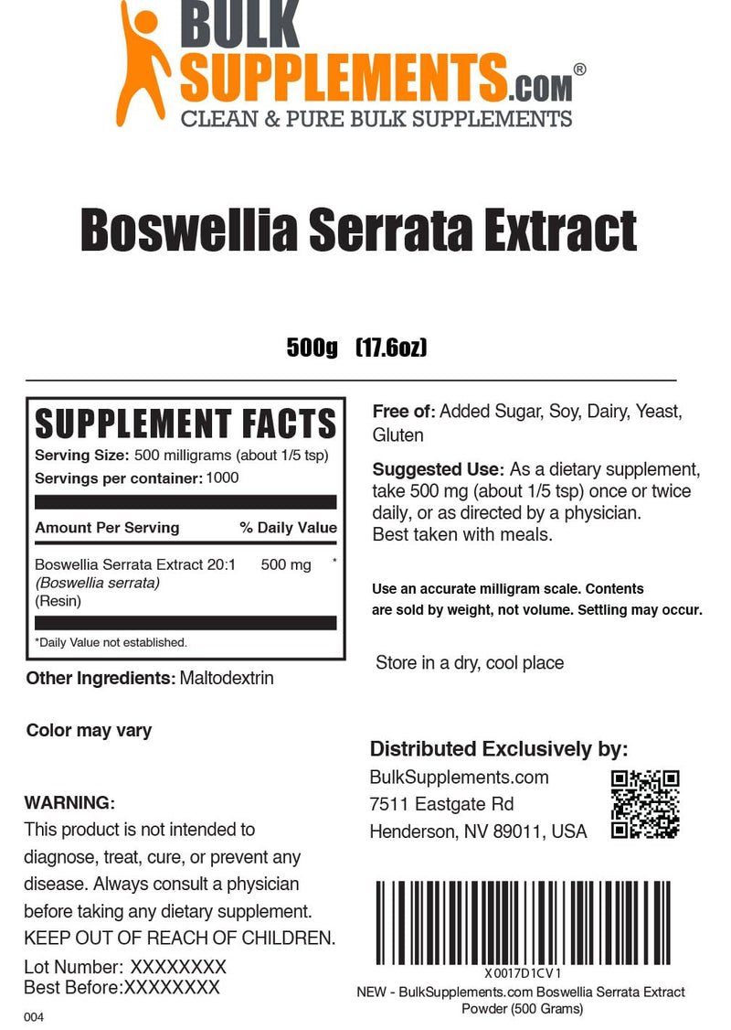 BulkSupplements.com Boswellia Serrata Extract Powder - from Frankincense Resin, Boswellia Serrata Powder - Herbal Supplement, Gluten Free, 500mg per Serving, 500g (1.1 lbs) (Pack of 1) 1.1 Pound (Pack of 1)