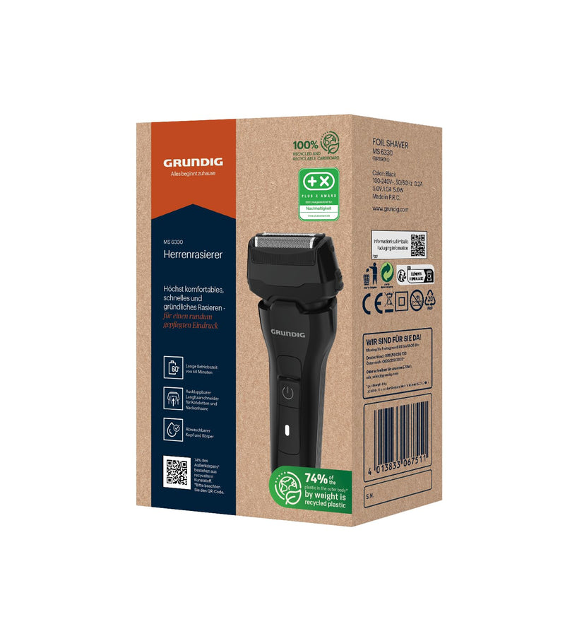 [Australia] - GRUNDIG MS 6330 men's razor, 60 min operating time, fold-out long hair trimmer, 3-fold cutting system, housing made from 74% recycled plastic, worldwide use, black successor 