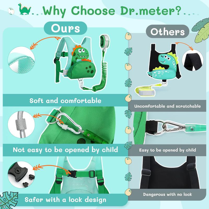 [Australia] - Dr.meter 3 in 1 Toddler Harness Leash + 8.2ft Anti Lost Wrist Link, Cute Dinosaur Kids Safety Harness Tether with Key Lock, Child Protective Leashes While Walking for Outdoor Activity Keep Kids Close 