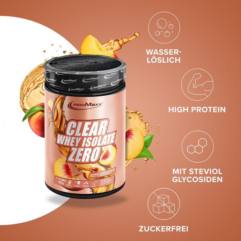 [Australia] - IronMaxx Clear Whey Isolate Zero - Peach IceTea 400g Can | Clear whey protein isolate without sugar | Lactose-free Clear Protein | Protein lemonade with a fruity, refreshing taste 
