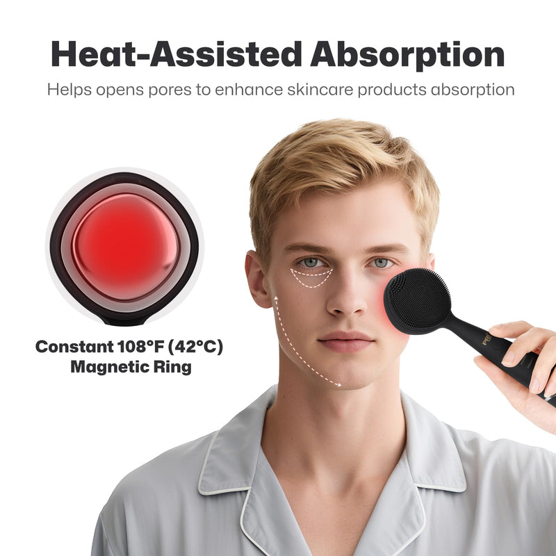 PRITECH Facial Cleansing Brush, Rechargeable Silicone Face Scrubber with Constant-Temperature Heating, Vibrating Exfoliator Scrubber for Deep Pore Cleaning, Waterproof Face Brush for Women & Men-Black Black