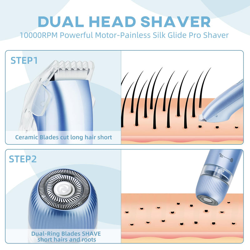[Australia] - Bikini Trimmer for Women,Dual Head Shaver, IPX7 Waterproof, Compact Travel Design Bikini Shaver for Public Hair, Facial and Body(Blue) Blue 
