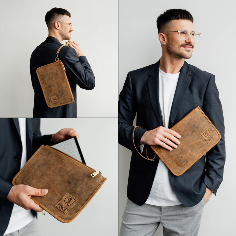 BERLINER BAGS Vintage Genuine Leather Padfolio For Men Theo XL - Brown | Leather Folder Portfolio, Compact Document Sleeve, Fits Slim Documents & Essentials Walnut XL