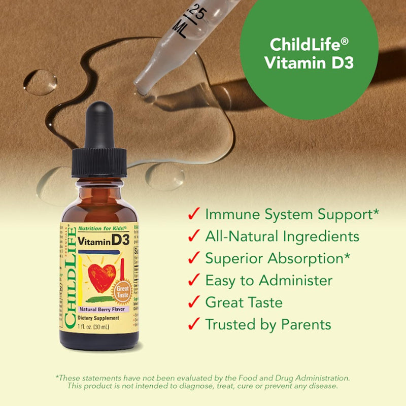 CHILDLIFE ESSENTIALS Baby Vitamin D3 Drops, Berry, 1 Fl Oz (Pack of 1) | Infants, Children, Toddlers, Vitamin D Drops, 500 IU per Serving, Immune & Bone Health Support, Natural Berry Flavor 1 Fl Oz (Pack of 1)