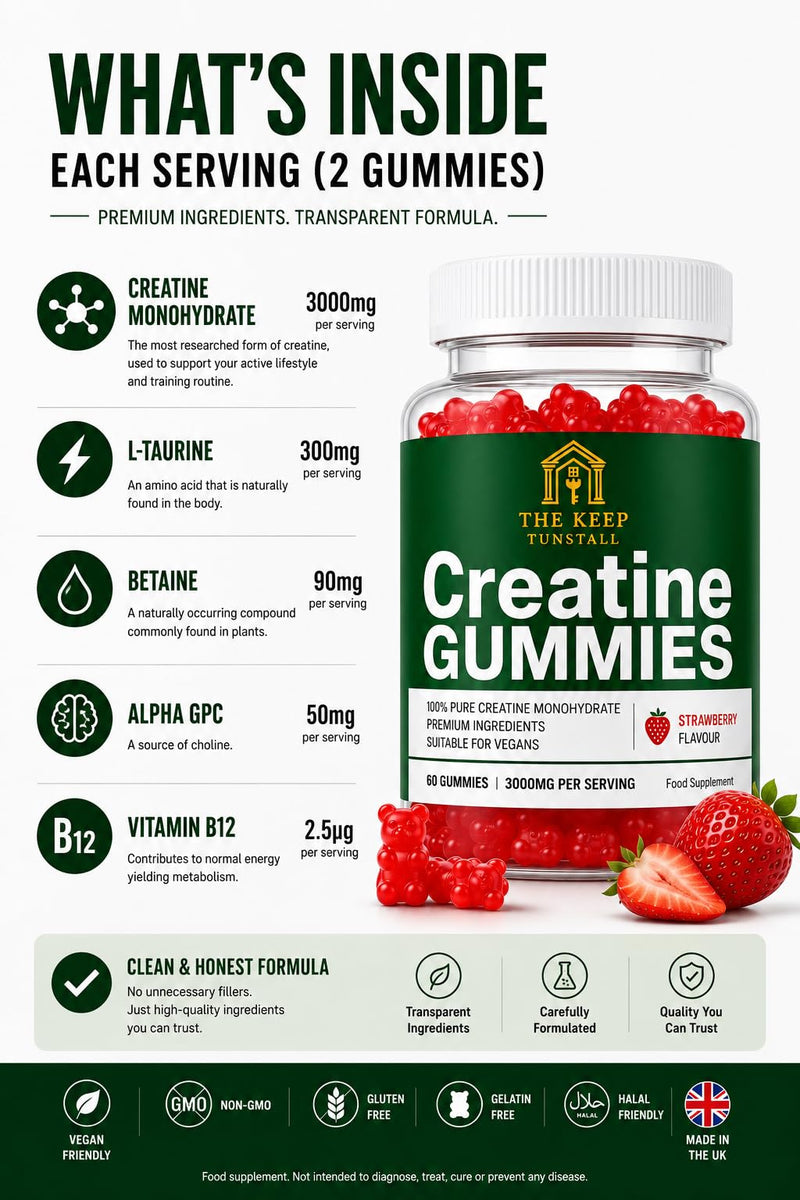Creatine Gummies 3,000mg True Dose - Strawberry Flavour - Increases Physical Performance for Men & Women, Vegan & Sugar-Free, Easy Pre/Post Workout Gym Support for Performance and Muscle Power
