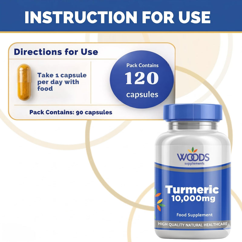 Woods Supplements - 10,000mg High Strength Turmeric 60x Vegan Curcumin Turmeric Extract Tablets. Pure Turmeric Powder Food Supplement for Joint Care and Digestion 60