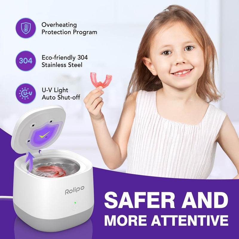 [Australia] - Ultrasonic Retainer Cleaner 320ML, 45kHz Denture Cleaner with 4 Lamps, Dental Cleaning Pod for Mouth Guard, Aligner, Braces, Toothbrush Head, Jewelry Cloud White 
