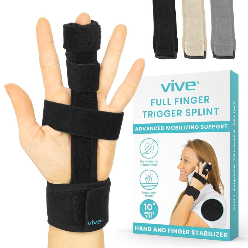 Vive Full Trigger Finger Splint - Hand and Wrist Brace Support - Adjustable Locking Straightener - Straightening Immobilizer Treatment For Sprains, Pain Relief, Arthritis, Tendonitis (Black) Black