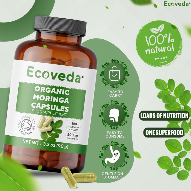 Organic Moringa Capsules, 2 Months Supply, 180 Moringa Powder Organic Capsules, 1500mg High Strength Moringa Supplement and Soil Association Certified, Vegan & Non-GMO (Not Moringa Tablets)