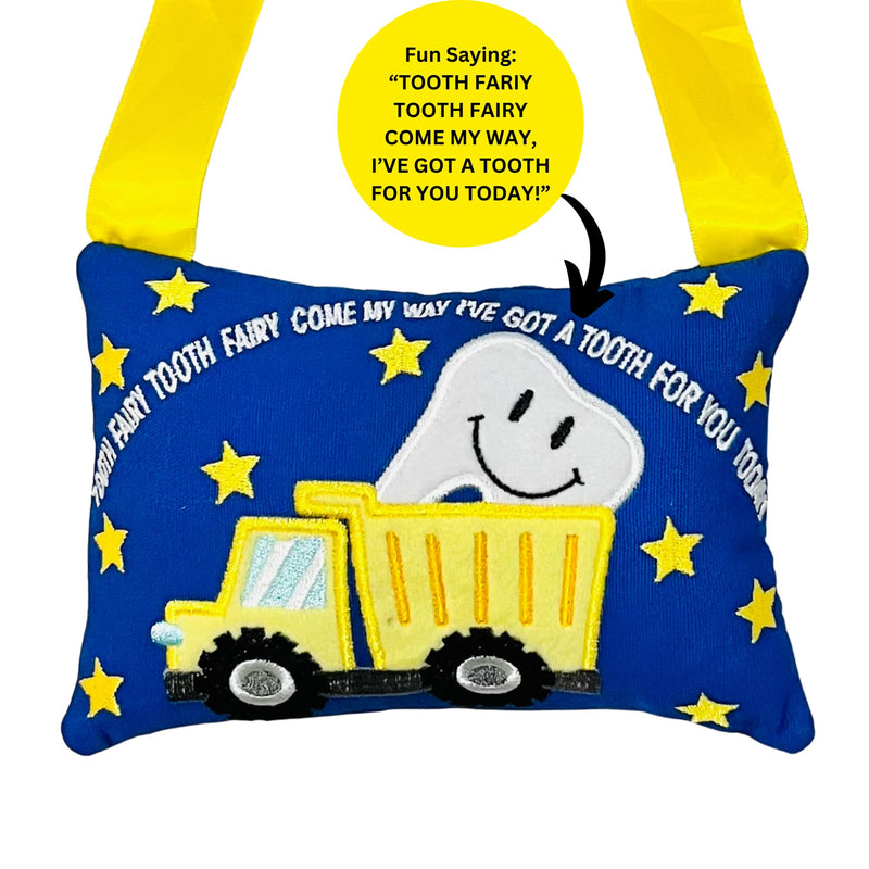 [Australia] - Tooth Fairy Pillow w/ Fun Dump Truck Design - Tooth Fairy Tooth Holder w/ Handle -Large Pocket, Easy Hang Tooth Fairy Accessories for boys - Perfect Tooth Fairy Gift with Cute Saying - 4 x 6 inches 