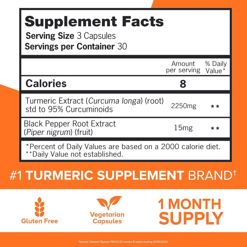 Qunol Turmeric 2250mg + Black Pepper for Enhanced Absorption, 90 Capsules | Extra Strength Curcumin Supplement with 95% Curcuminoids, Supports Joint Health and a Healthy Inflammation Response 90 Count (Pack of 1)