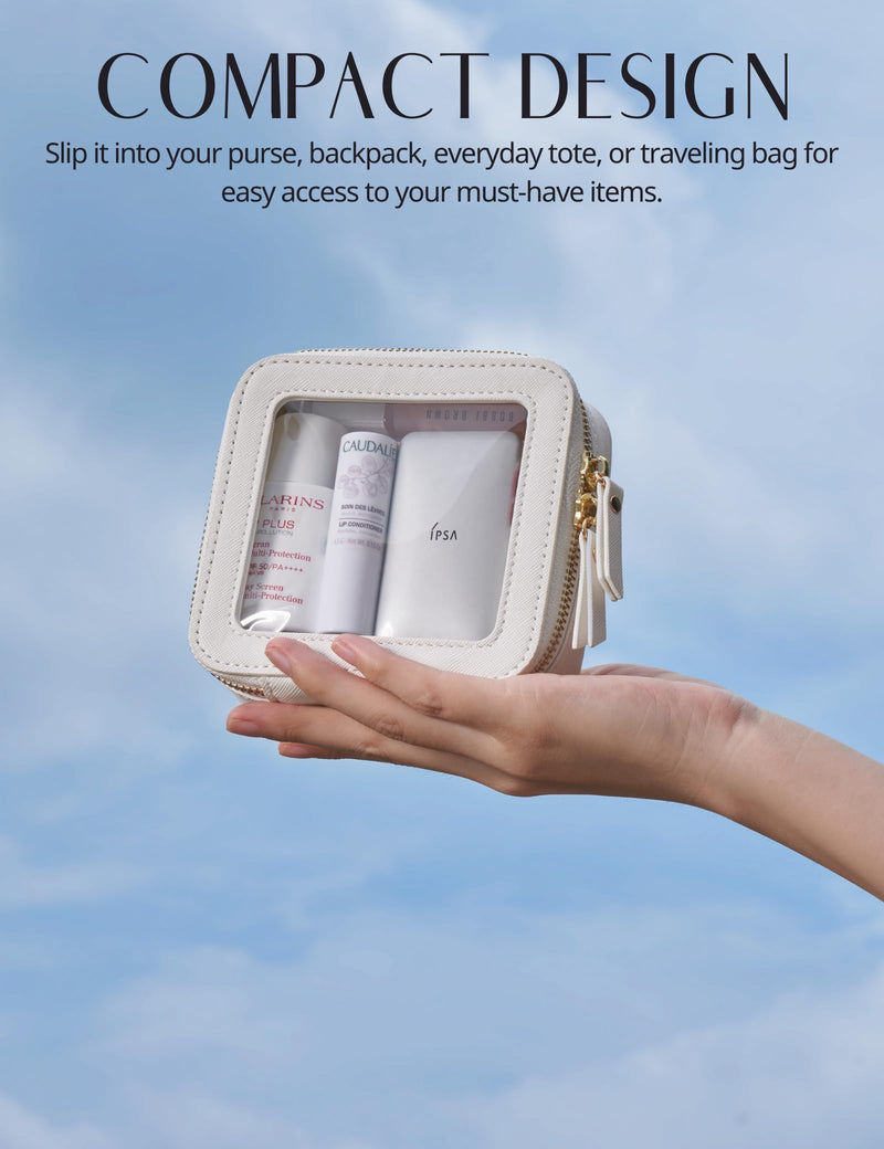 Clear Makeup Case White Toiletry Bag with Zipper, Small Cosmetic Bag for Purse, Mini & Medium Size
