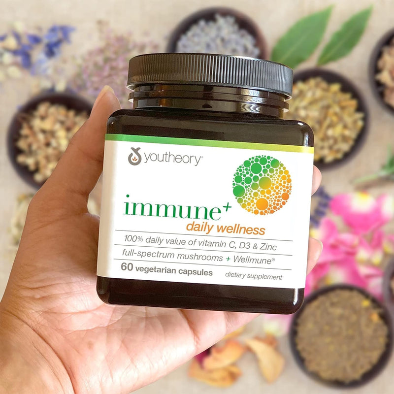 Youtheory Immune+ Daily Wellness, 60 Vegetarian Capsules, 20-Day Supply | Vegetarian Immune Support with Vitamin C, D3, and Zinc*, Mushroom Blend with Turkey Tail, Cordyceps, and Reishi