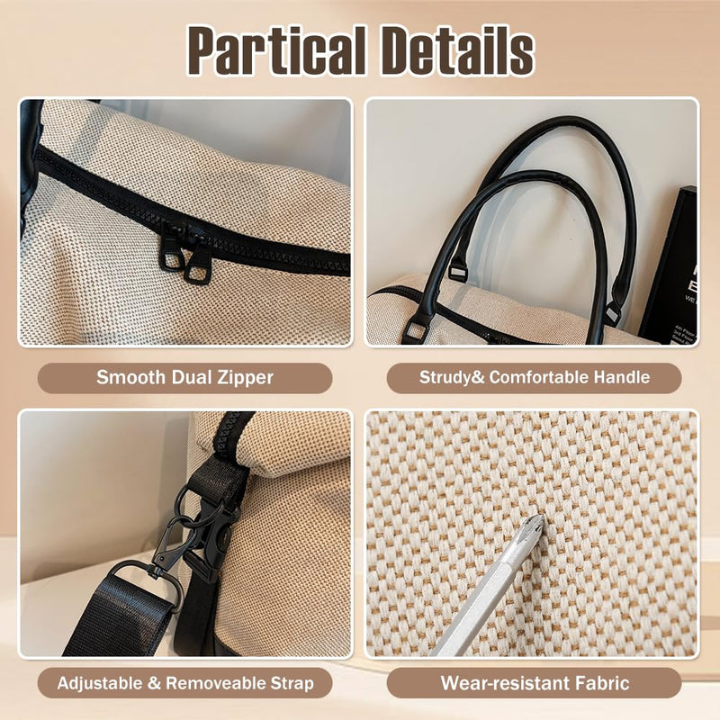 Travel Duffle Bag for Women, Canvas Carry On Weekender Overnight Bags with Wet Pocket, Gym Tote Bag for Business Trip Sports (Beige Black) Beige Black