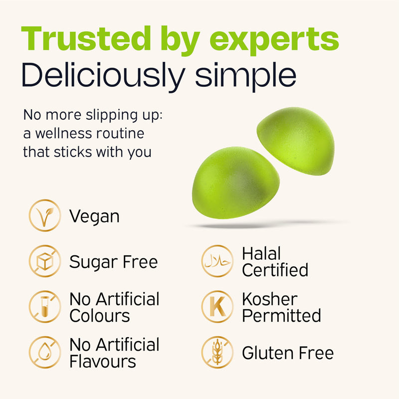 Nutriburst - NutriGreens - 22 Fruits + Vegetables + Herbs + Mushrooms + Live Bacteria Cultures - Boosted with Vitamins: Zinc, VIT C, D3, B5, B6, B12-60 Gummies 1 Month Supply - Suitable for Vegans Greens + Probiotics 60 count (Pack of 1)