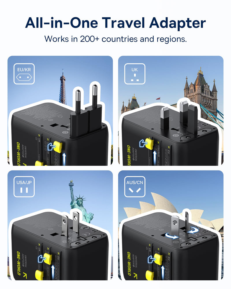 Baseus 70W Universal Travel Adapter, 6-in-1 International Plug Adapter | Worldwide Wall Charger with Retractable Cable, USB-C Fast Charging for USA/EU/UK/AUS and Over 200 Countries - Enercore CG11 Black